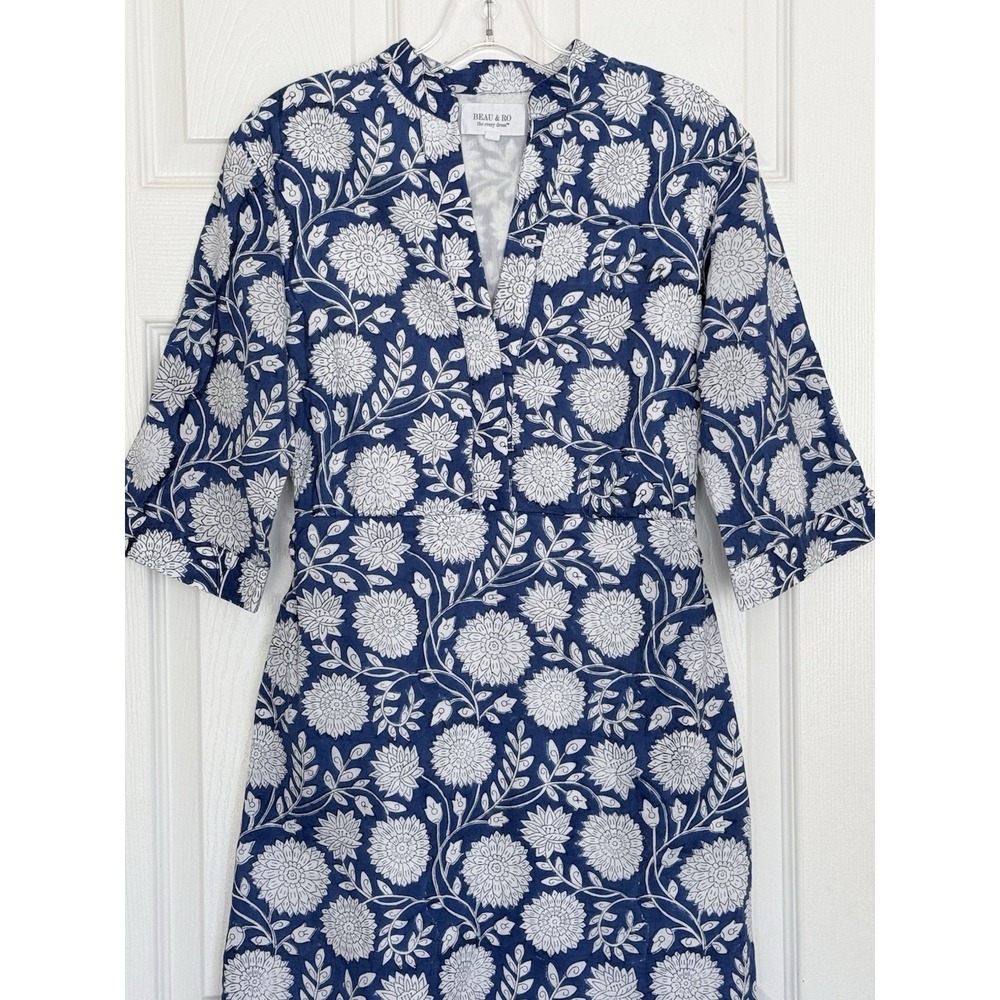 Beau & Ro The Every Day Dress Midi Floral Print Blue Size Small Pockets - Picture 3 of 13